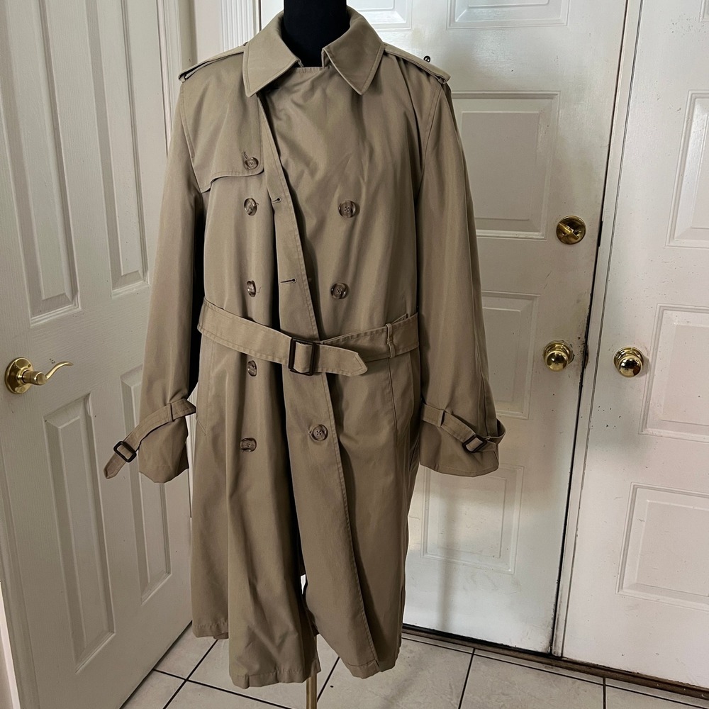 Stafford Men Khaki Double Breasted Trench Coat Removable Faux Fur Liner 42 Short